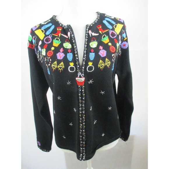 Berer2 M Fun Sweater Beads Sequins Embroider Takako Sakon Zip Long Sleeve Women - Picture 2 of 11